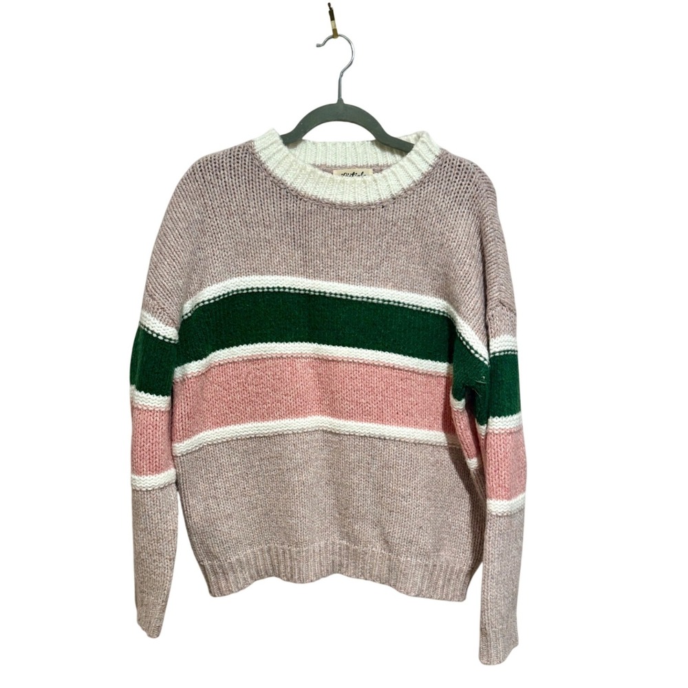Listicle Medium Sweater Pink Green White Striped Knit Pullover Long Sleeve Rare